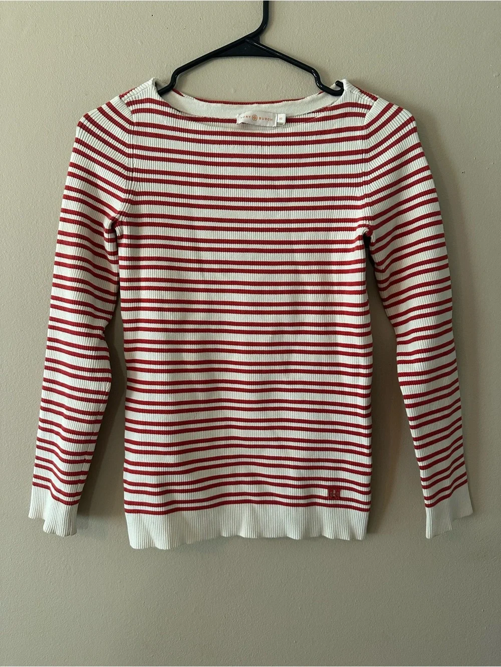 Tory Burch Red and Cream Striped Cotton Boatneck Knit Sweater, Sz XS